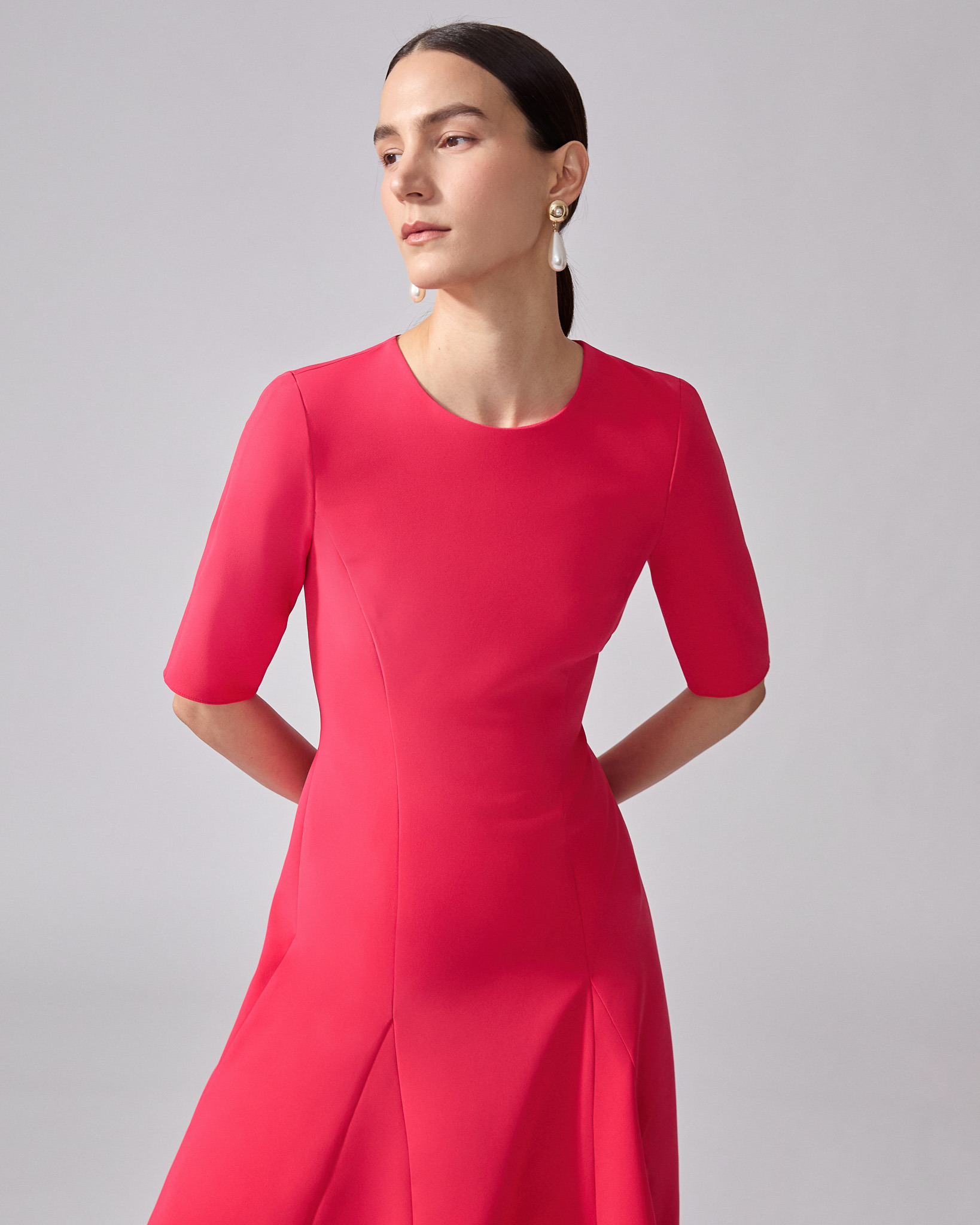 Three-Quarter Sleeve Godet Dress - 4