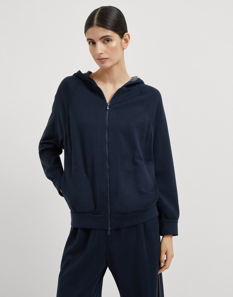 Cotton and silk interlock hooded sweatshirt with precious stripe 1