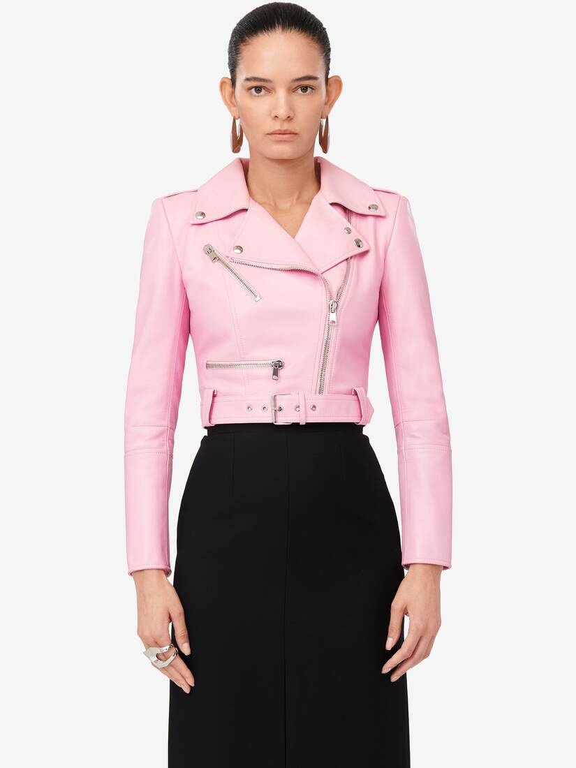 Women's Cropped Biker Jacket in Pale Pink - 5