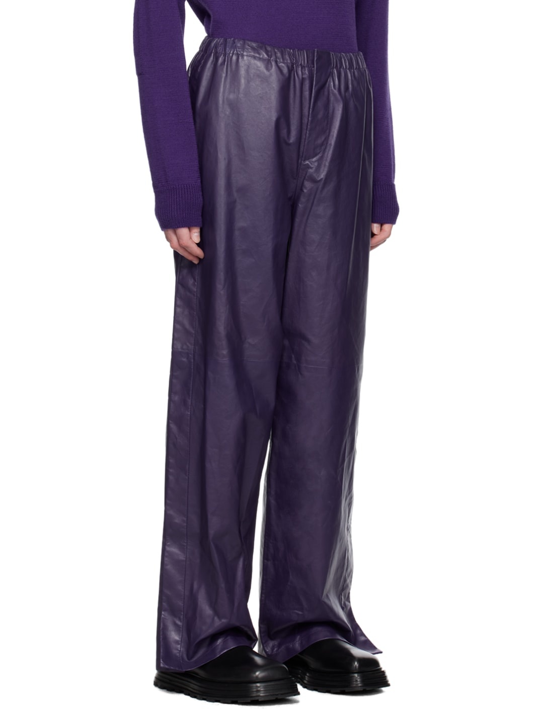 Purple Paneled Leather Pants - 2