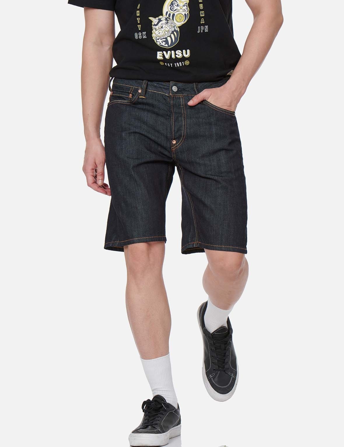 DARUMA BUDDIES PATTERN DAICOCK PRINT DENIM SHORTS - 4