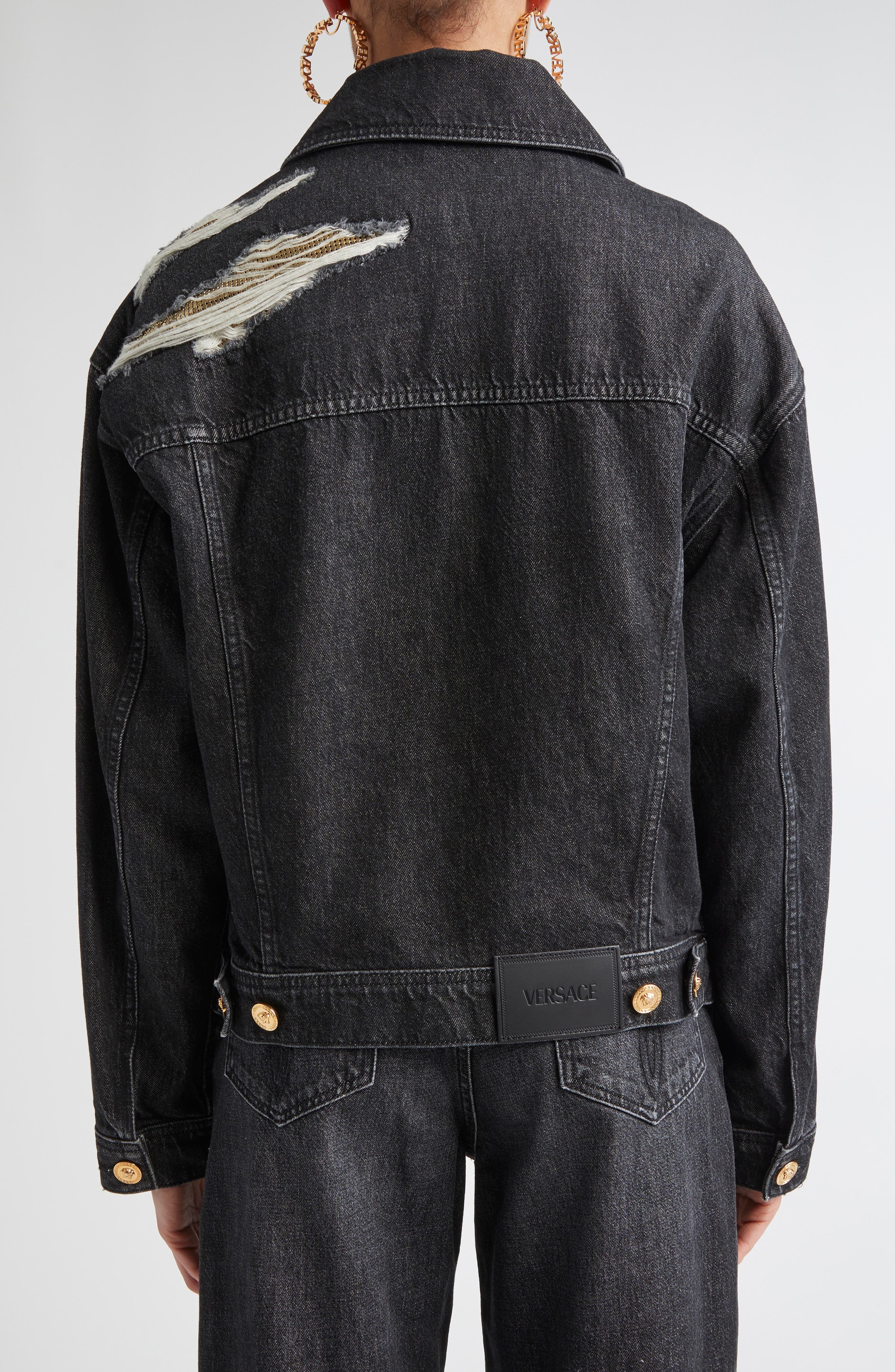 Versace Rip & Repair Denim Trucker Jacket in Black at Nordstrom - 3