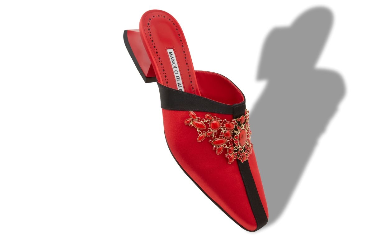 Red Satin Jewel Embellished Mules - 2