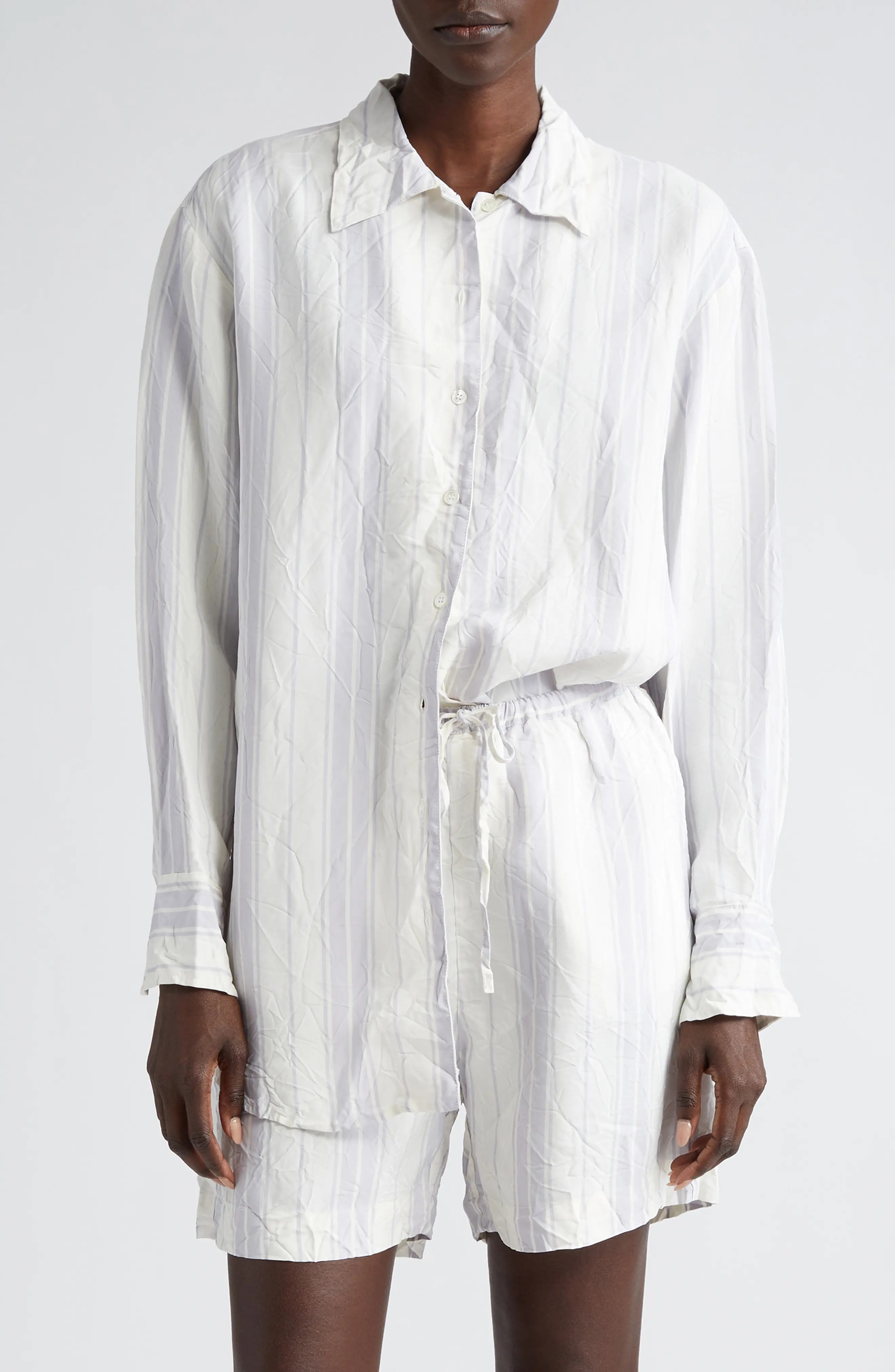 Portico Stripe Rumpled Satin Button-Up Shirt - 1