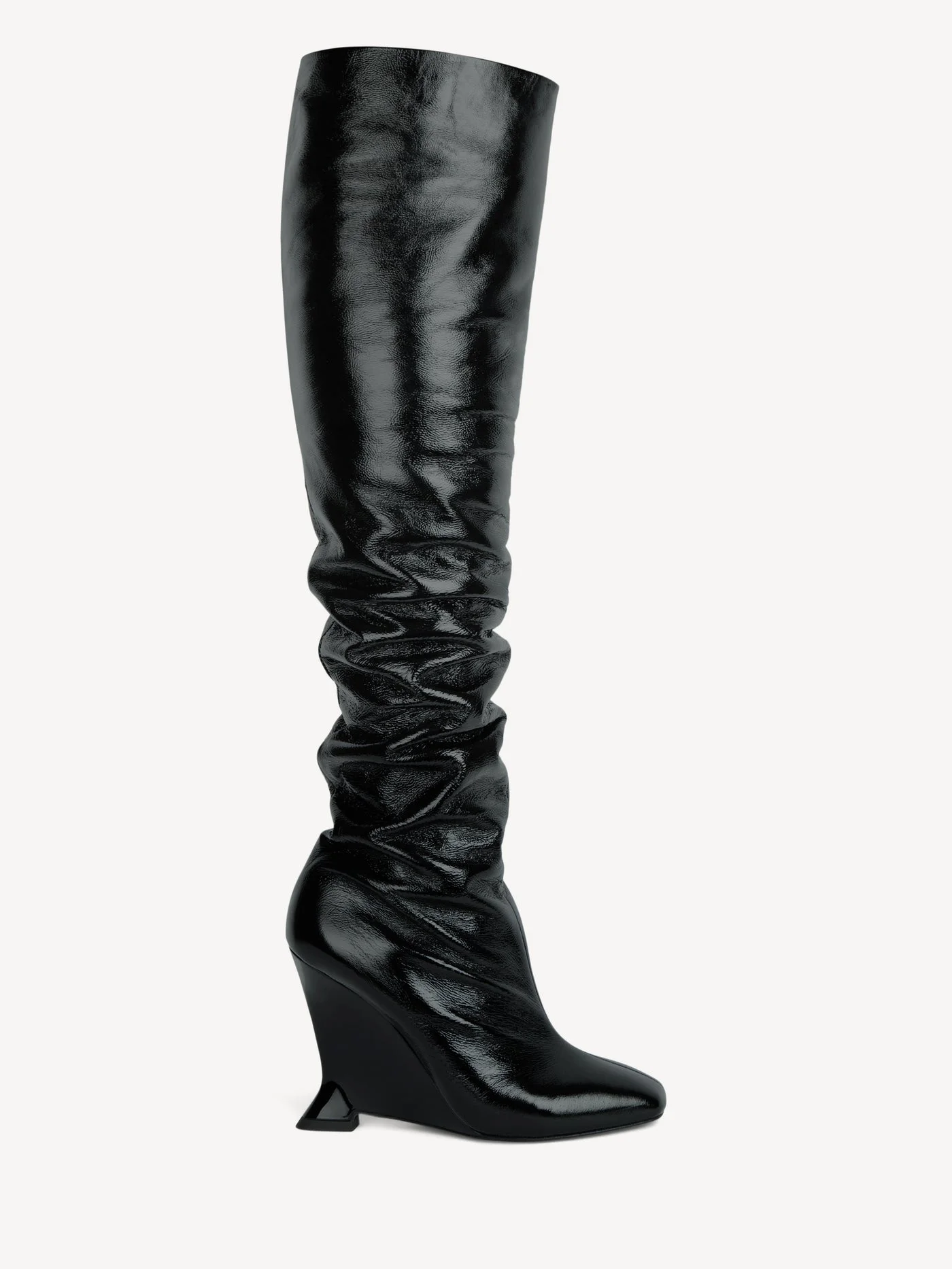 Thigh-high wedge boots in crinkled patent leather - 1