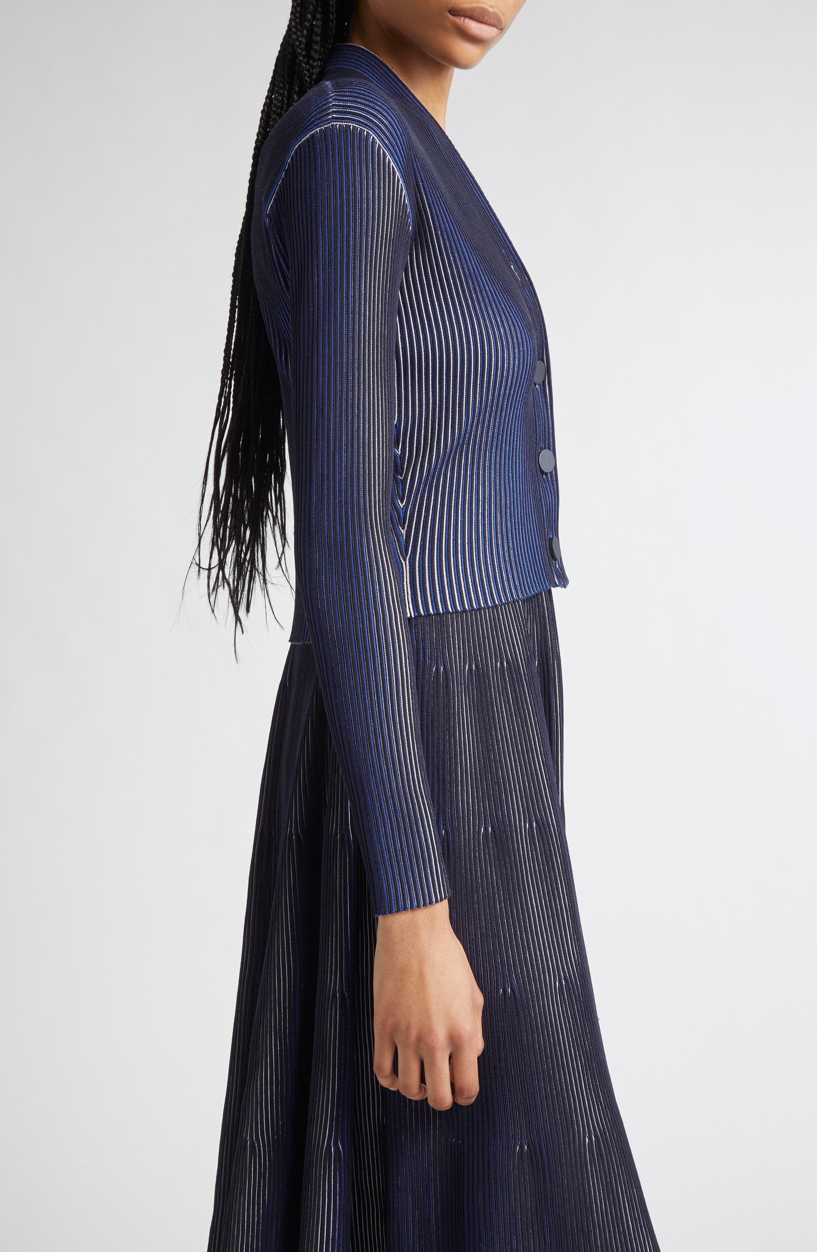 Emporio Armani Stripe Rib Cardigan in Black/Navy at Nordstrom - 4