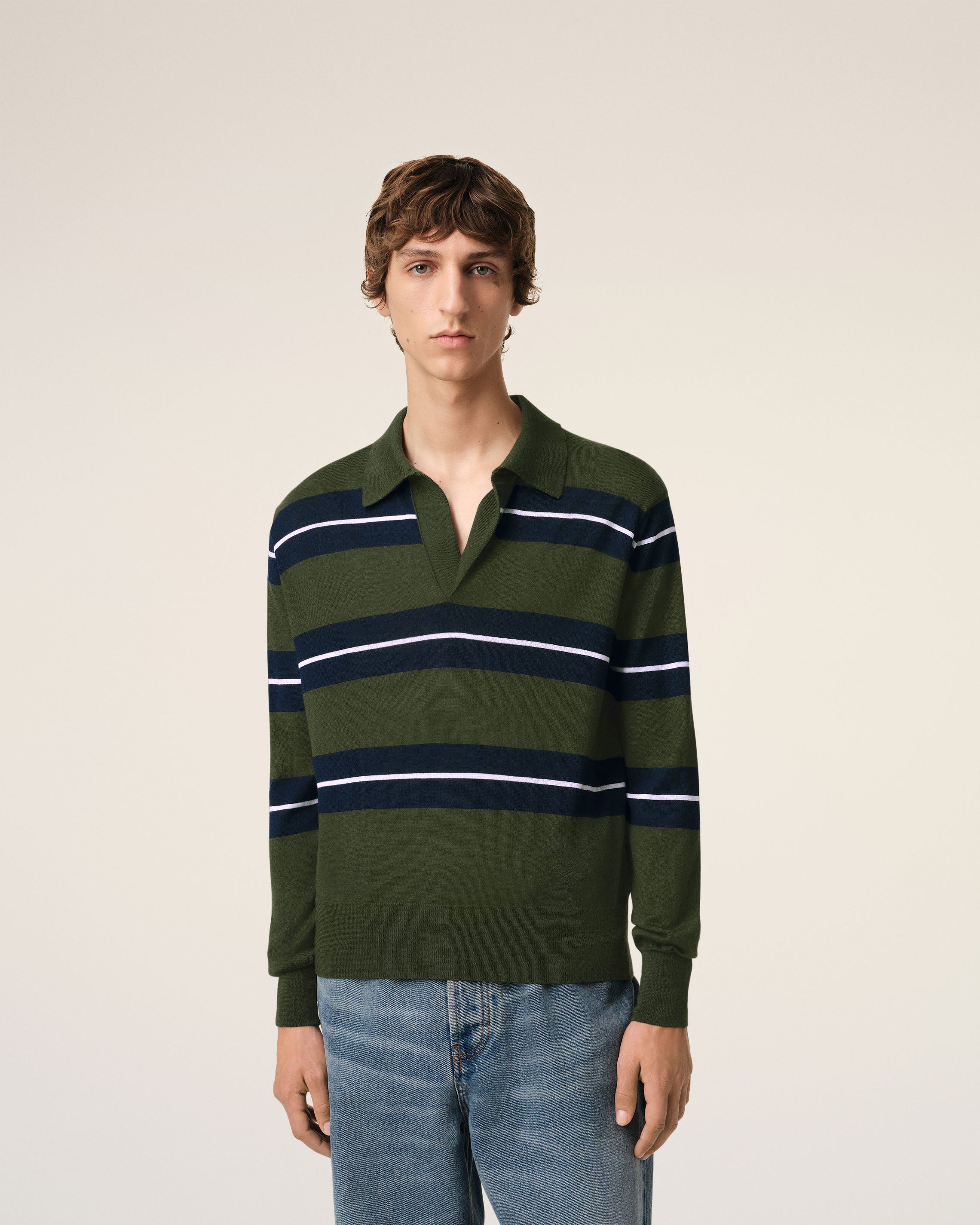GREEN WOOL SILK TONAL STRIPED POLO - 3