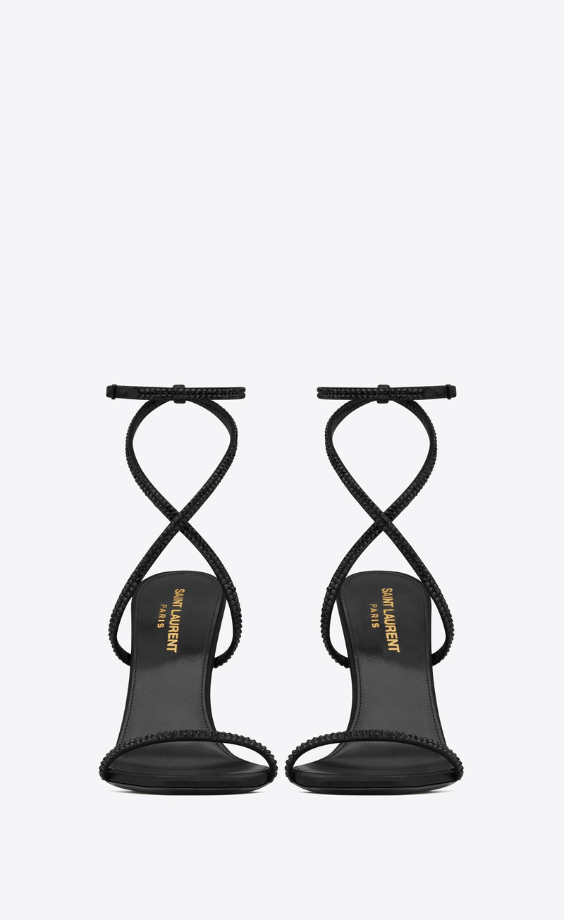 SAINT LAURENT opyum sandals in crepe satin and rhinestones with black heel outlook