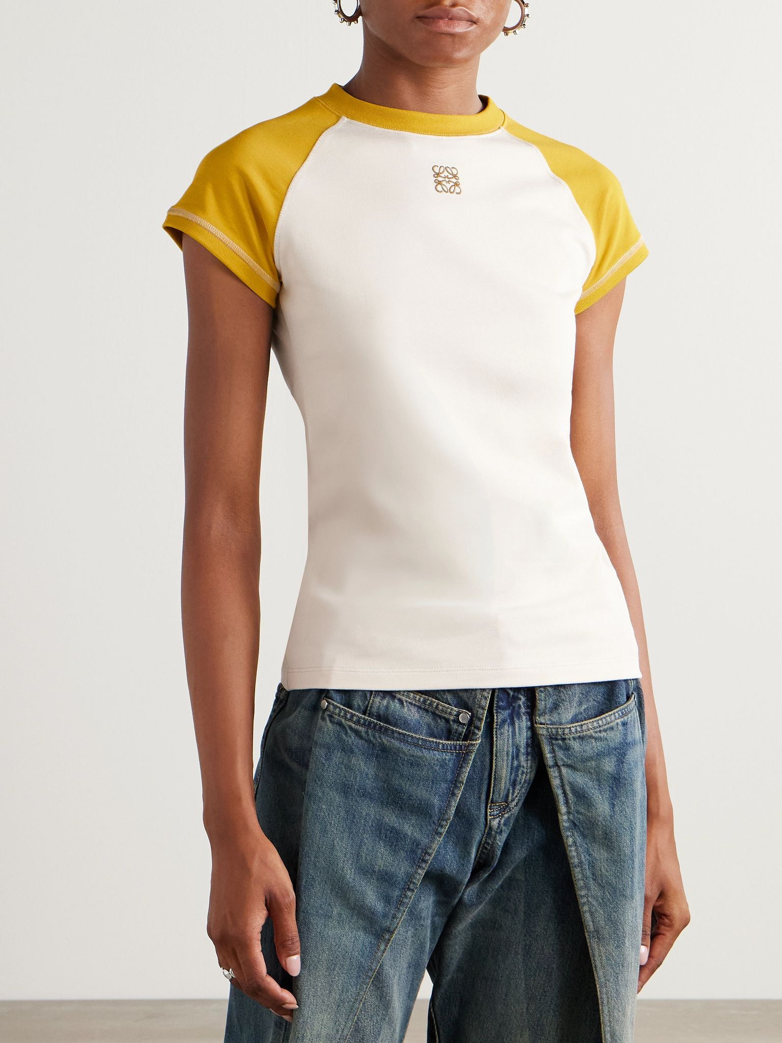 Anagram embroidered two-tone cotton-blend jersey T-shirt White - 3
