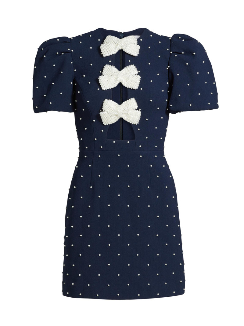 Women's Veronica Pearl Bow Puff-Sleeve Minidress - Blue 1
