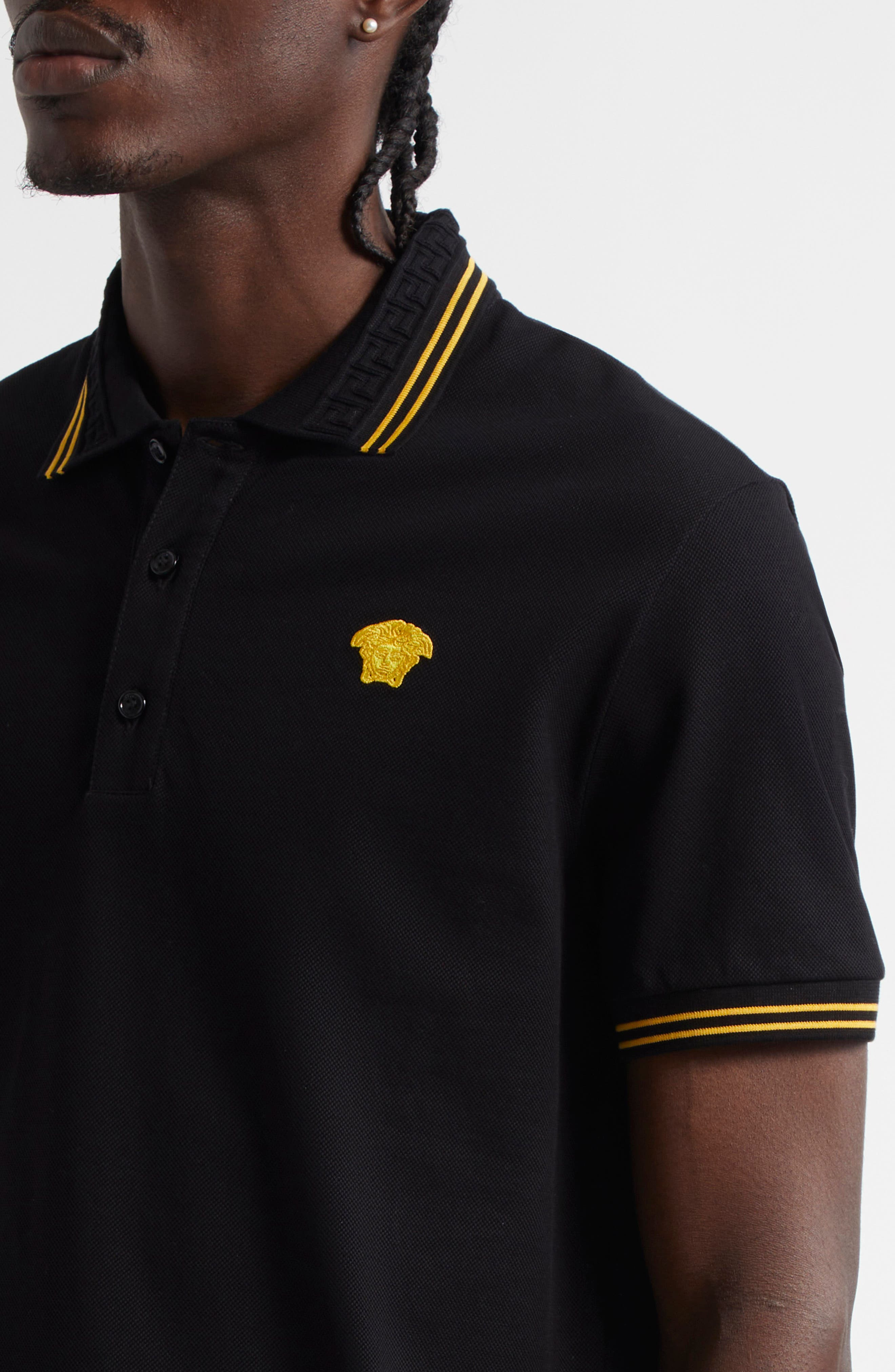 Versace Tipped Embroidered Medusa Cotton Piqué Polo in 1B000-Black at Nordstrom - 4