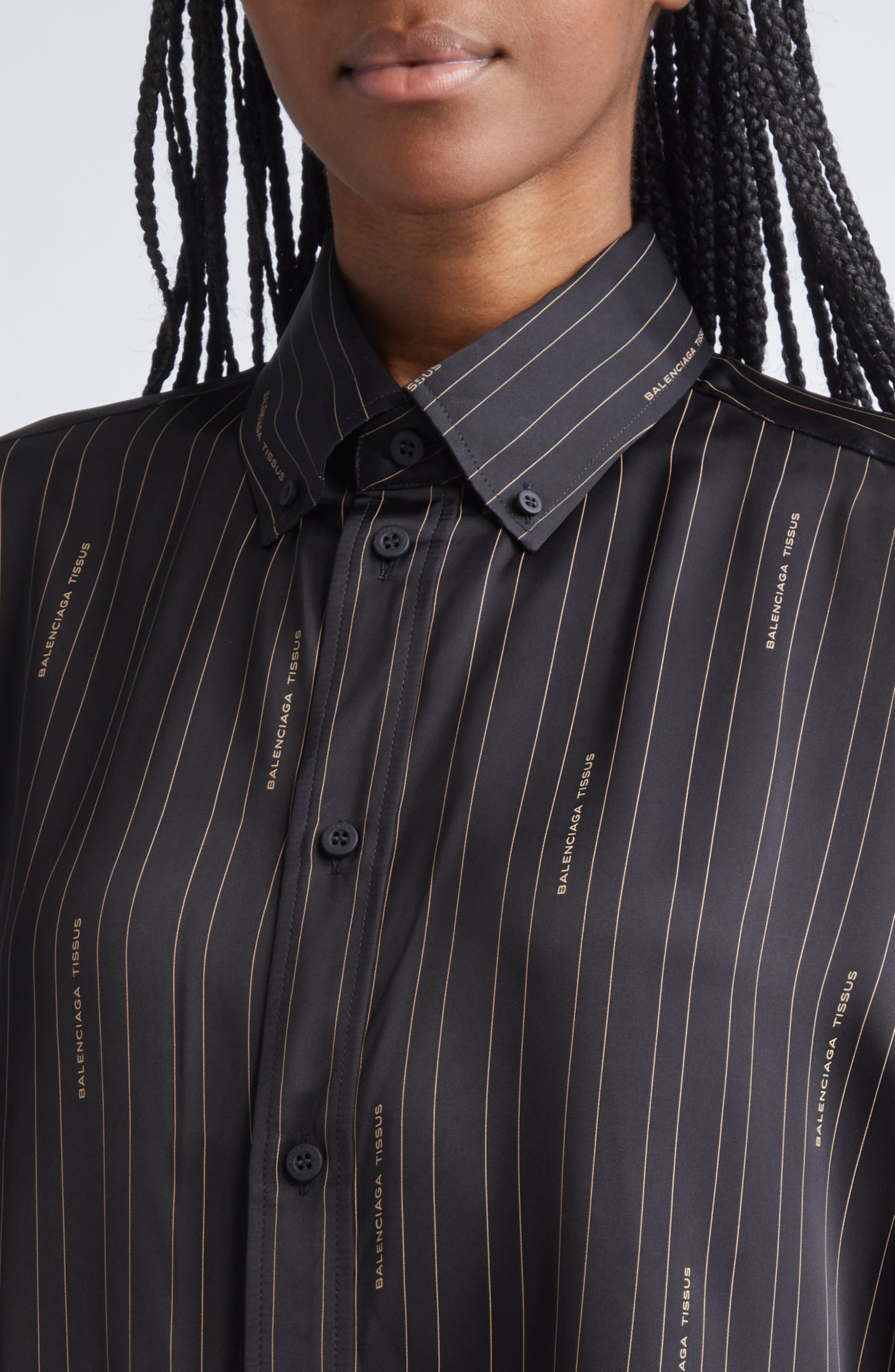 Balenciaga Logo Stripe Cocoon Button-Down Shirt in 1264 Black/Camel at Nordstrom - 5
