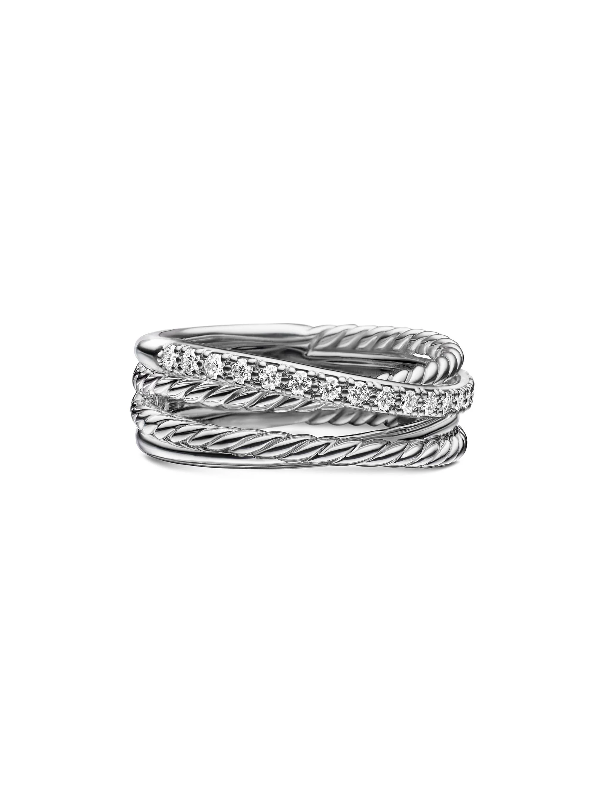Women's Crossover Band Ring with Pavé Diamonds - Sterling Silver - 1