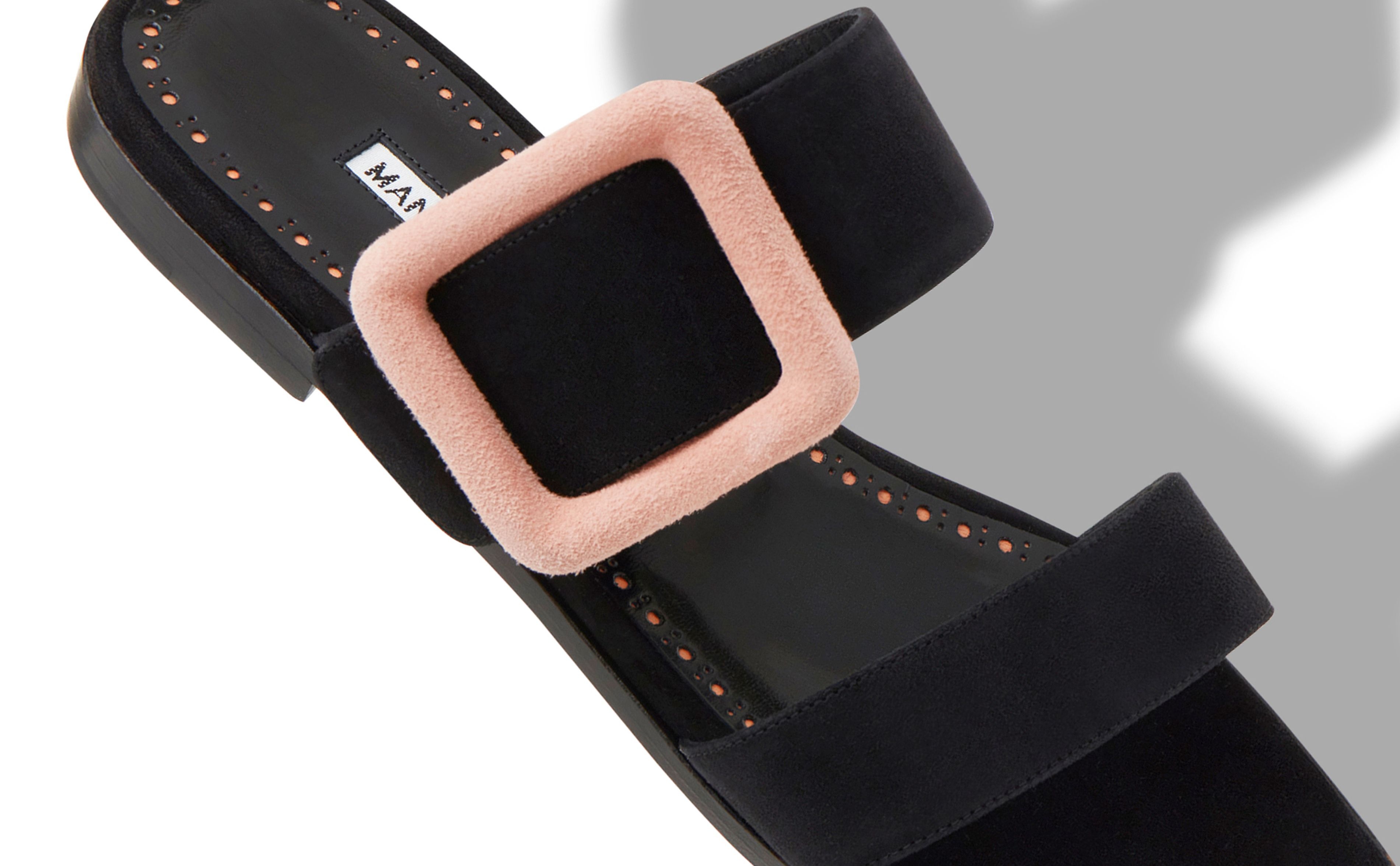 Black and Light Beige Suede Buckle Flat Mules - 4