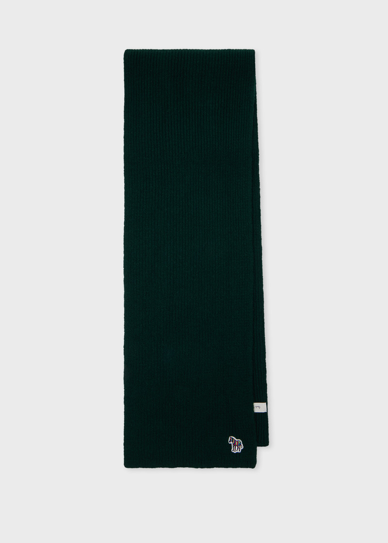 Dark Green 'Zebra' Lambswool Ribbed Knit Scarf 1
