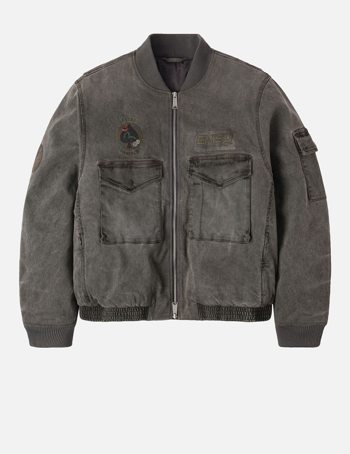 Heavy Washed Multi Logo Badges Print Regular Fit Padded Bomber Jacket - 2