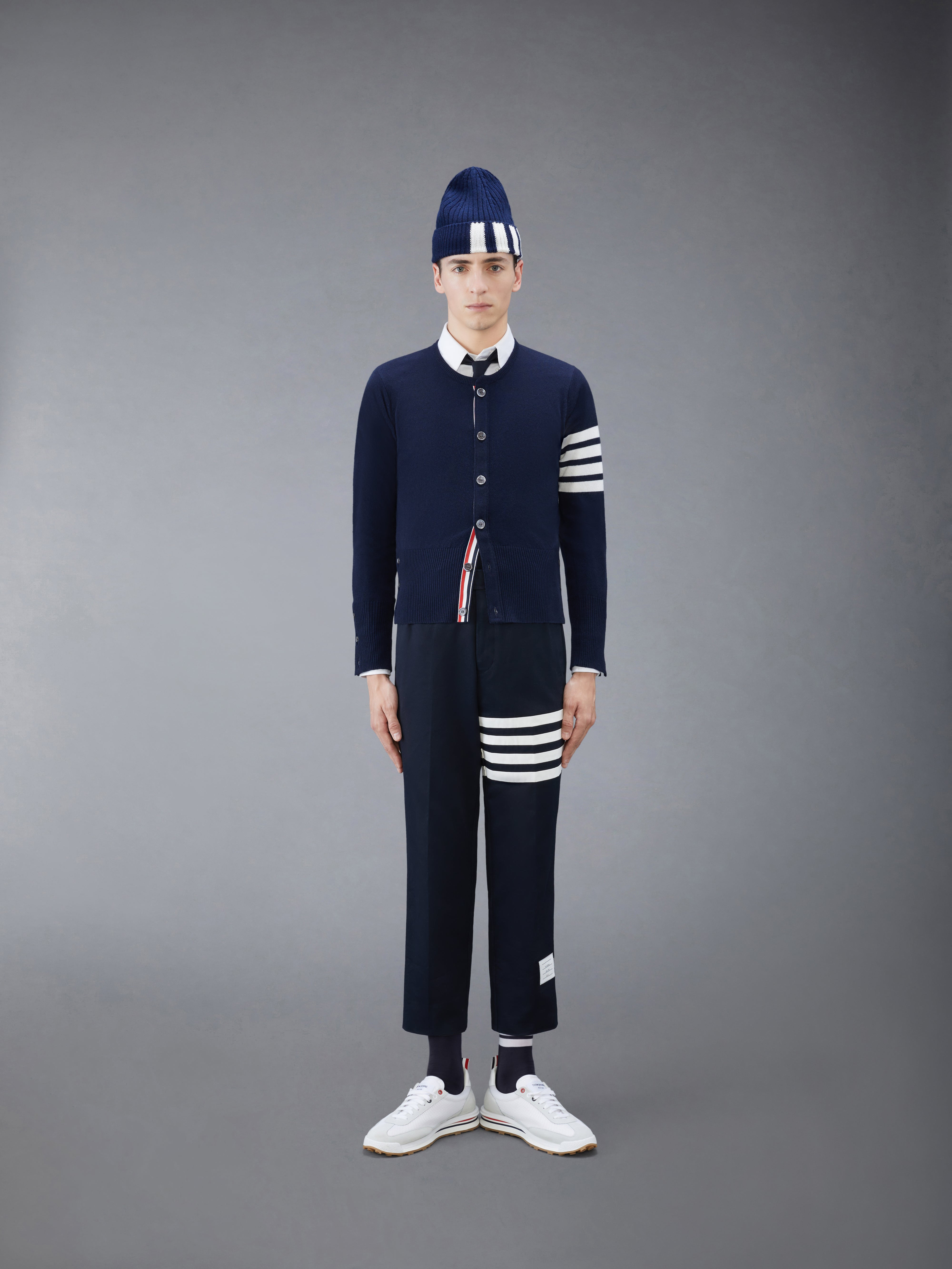 Navy Cashmere Classic 4-Bar Crewneck Cardigan - 3