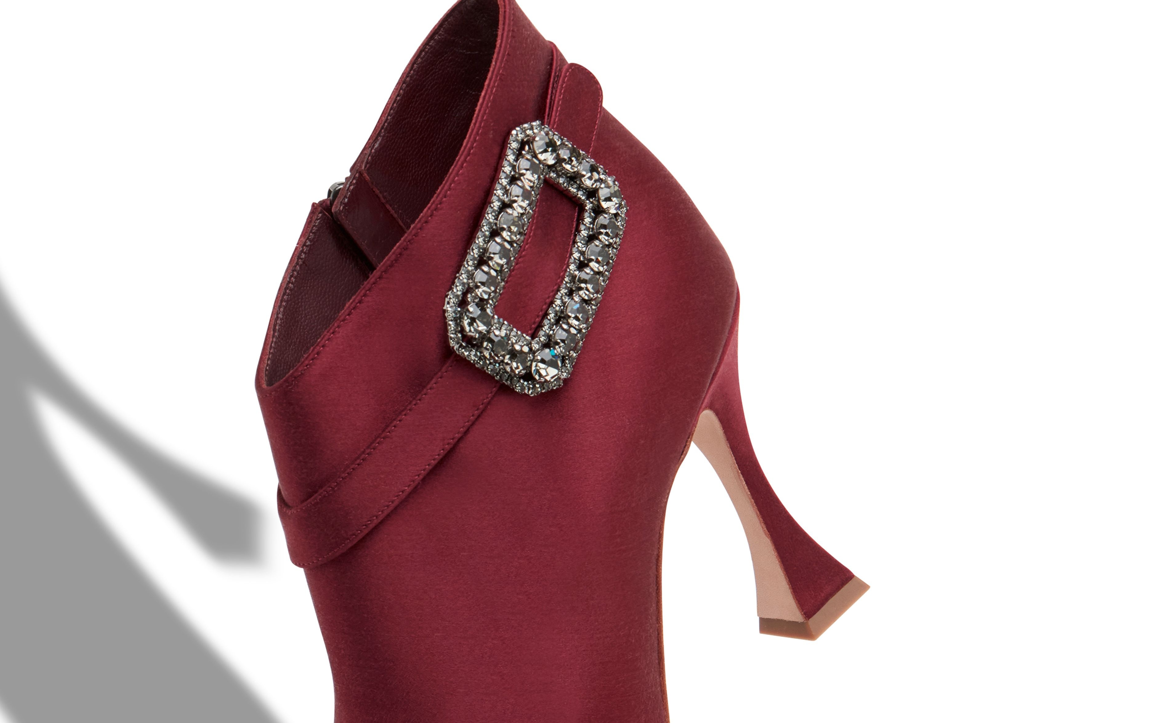 Dark Red Satin Crystal Buckle Ankle Boots - 4