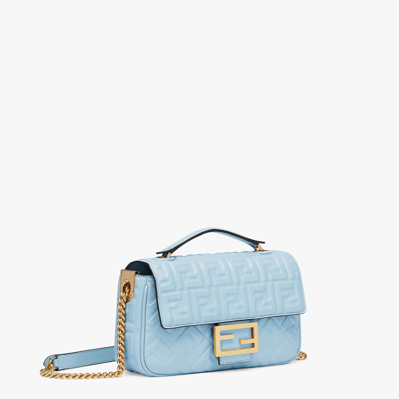 Iconic medium Baguette bag with chain, made of light blue soft nappa leather with a 3D texture FF mo - 2