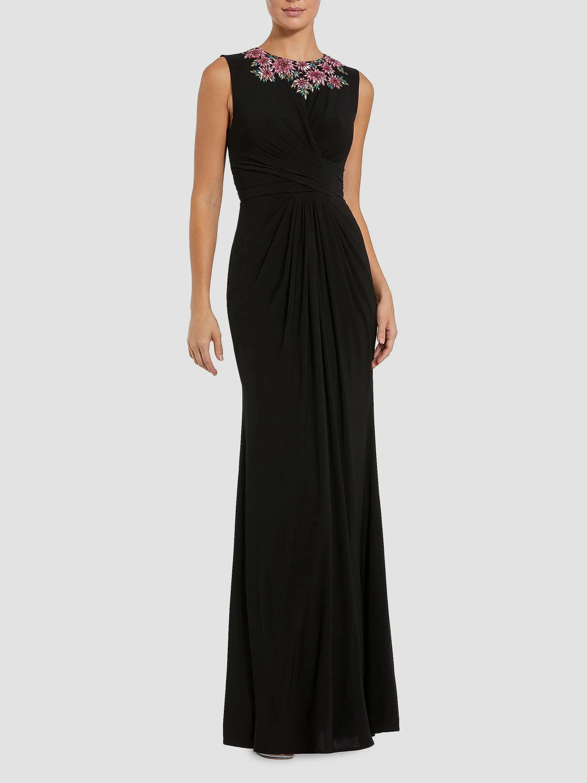 Women's Floral Embellished Twisted Jersey Gown - Black Multi - 1