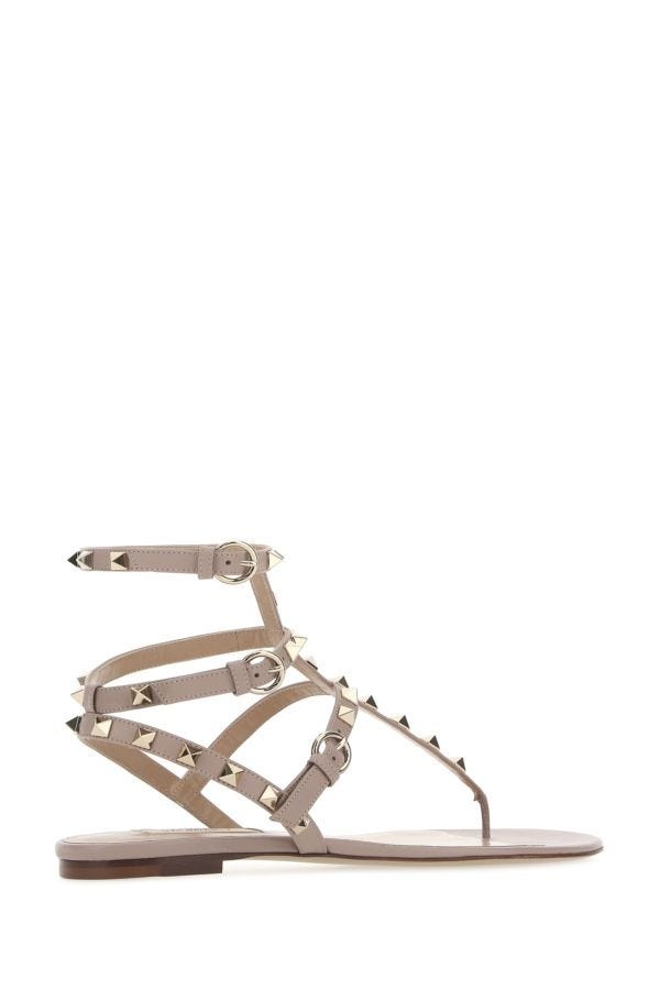 Valentino Garavani Woman Antiqued Pink Leather Rockstud Thong Sandals - 3