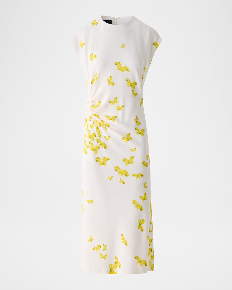Butterfly-Print Viscose Crepon Ruched Midi Dress With Scarf 1