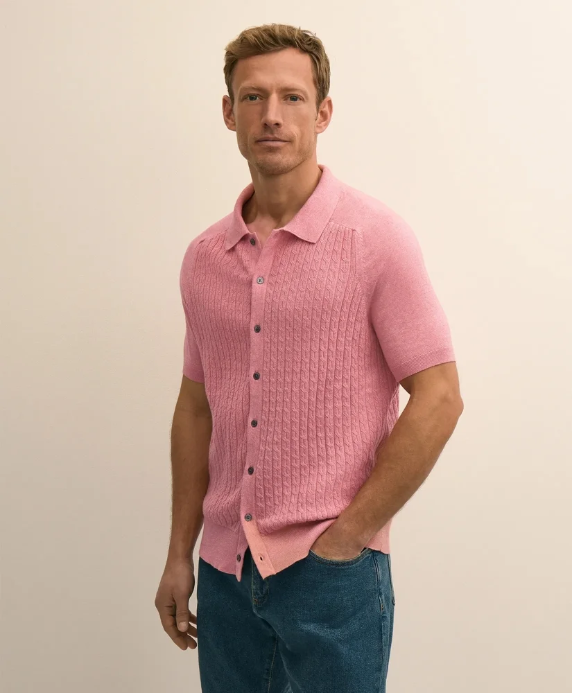 Cotton Cable-Knit Short-Sleeve Polo Sweater - 1