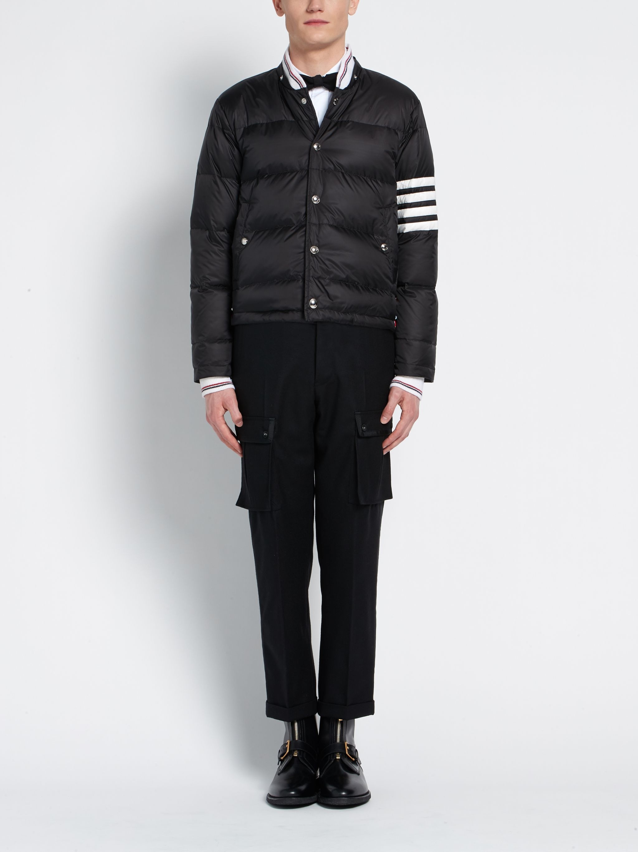 【送料&関税込】Thom Browne Nylon Bomber Jacket Matte Finish Nylon Down Fill 4 Bar Hood Bomber | Thom Browne