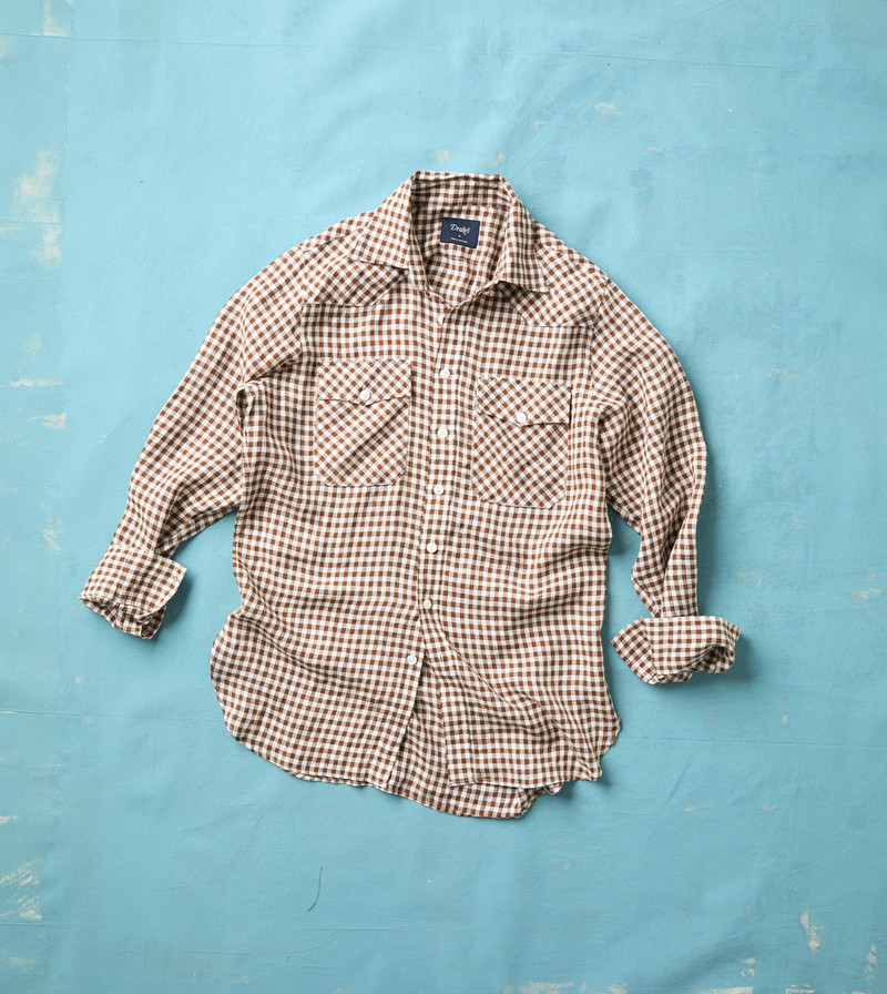 Brown Gingham Check Linen Two-Pocket Western Shirt - 1