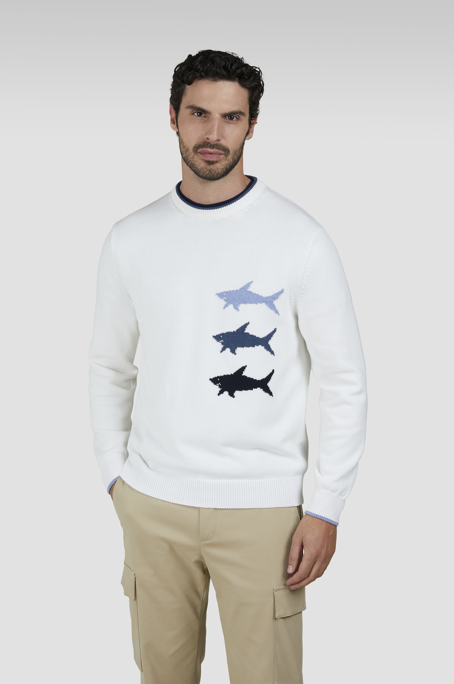 JACQUARD COTTON SWEATER WITH SHARKS INLAY - 6