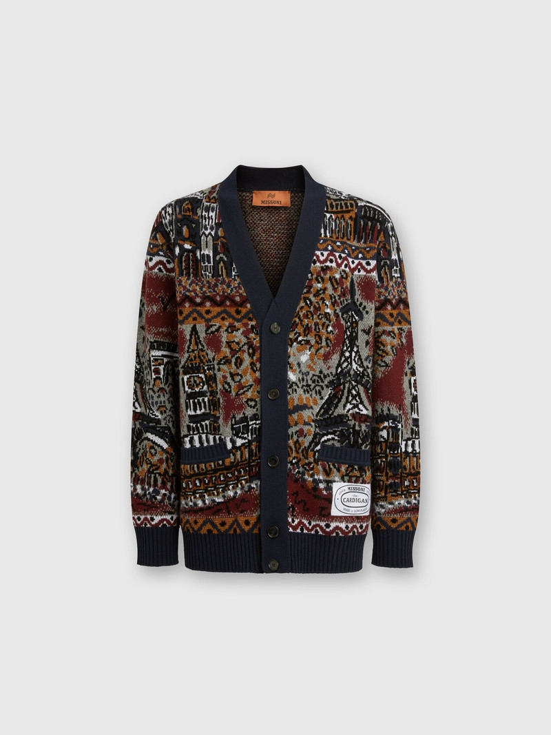 Jacquard wool-blend cardigan with postcard motif 1