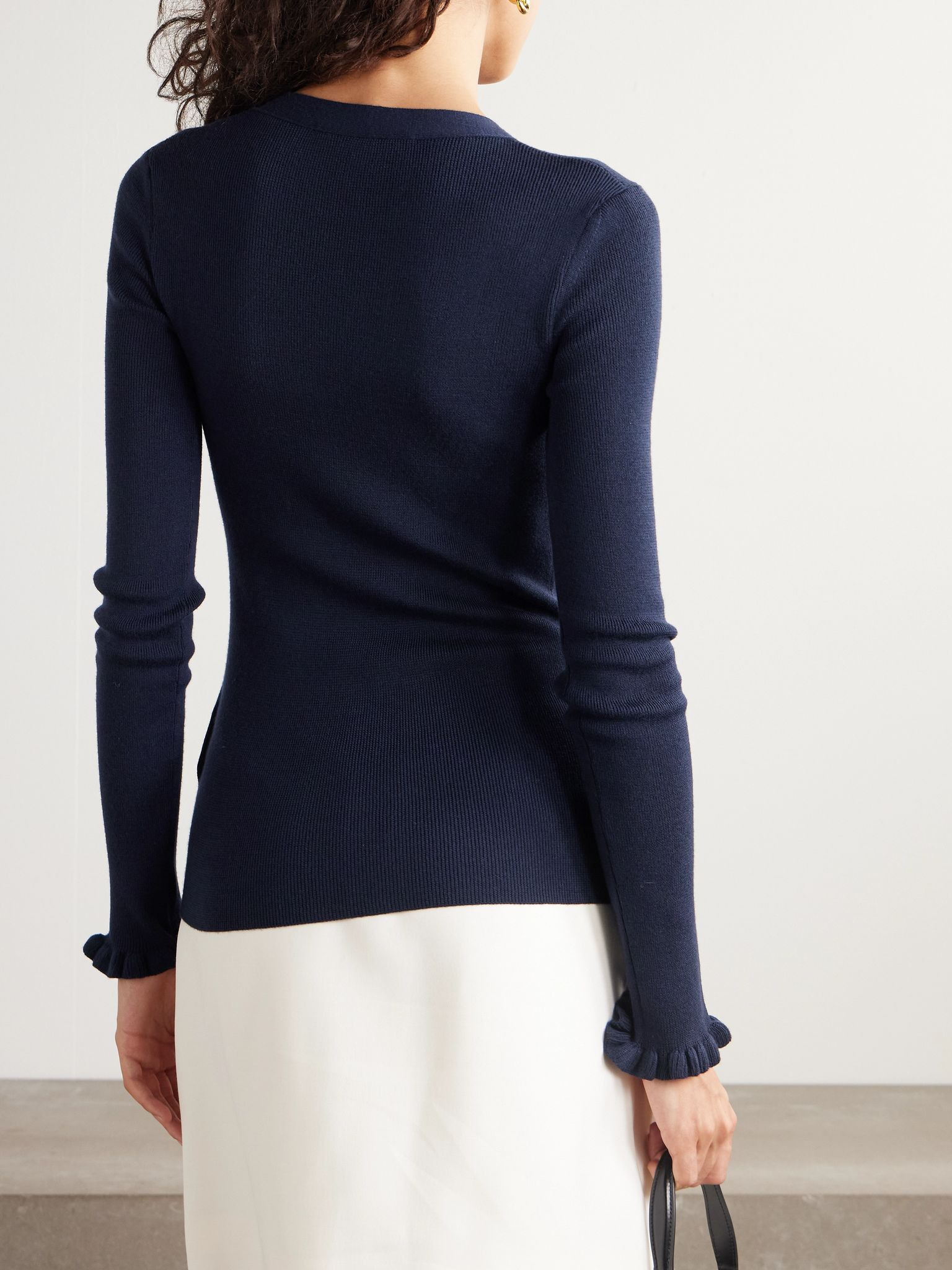 Embroidered wool cardigan Navy - 3