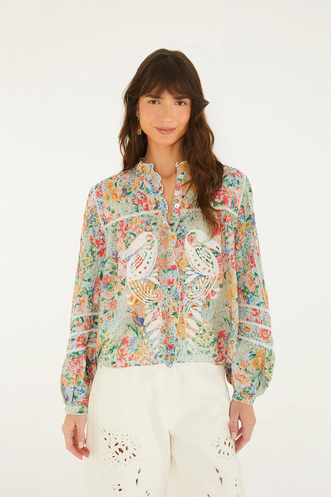 Multicolor Rendeira Cutwork Long Sleeve Blouse - 1