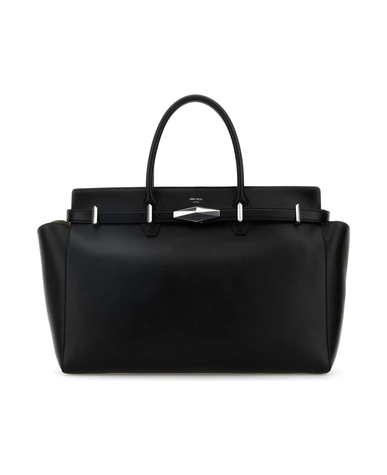 Black Leather Large Diamond Belted Shopping Bag - 1