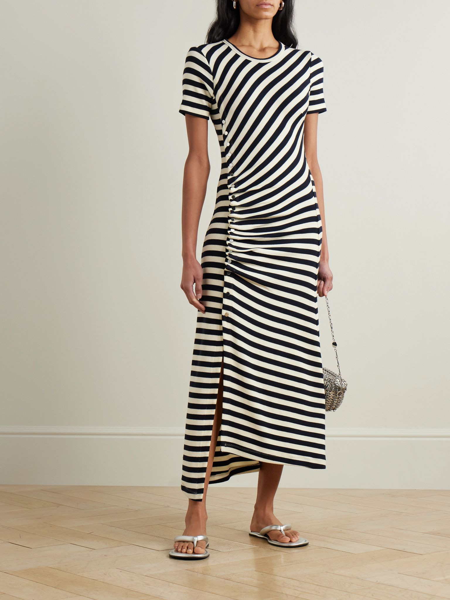 Gathered embellished striped wool-blend midi dress Multi - 2
