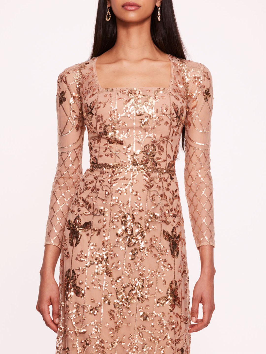 SEQUIN LATTICE SLEEVED GOWN - 4