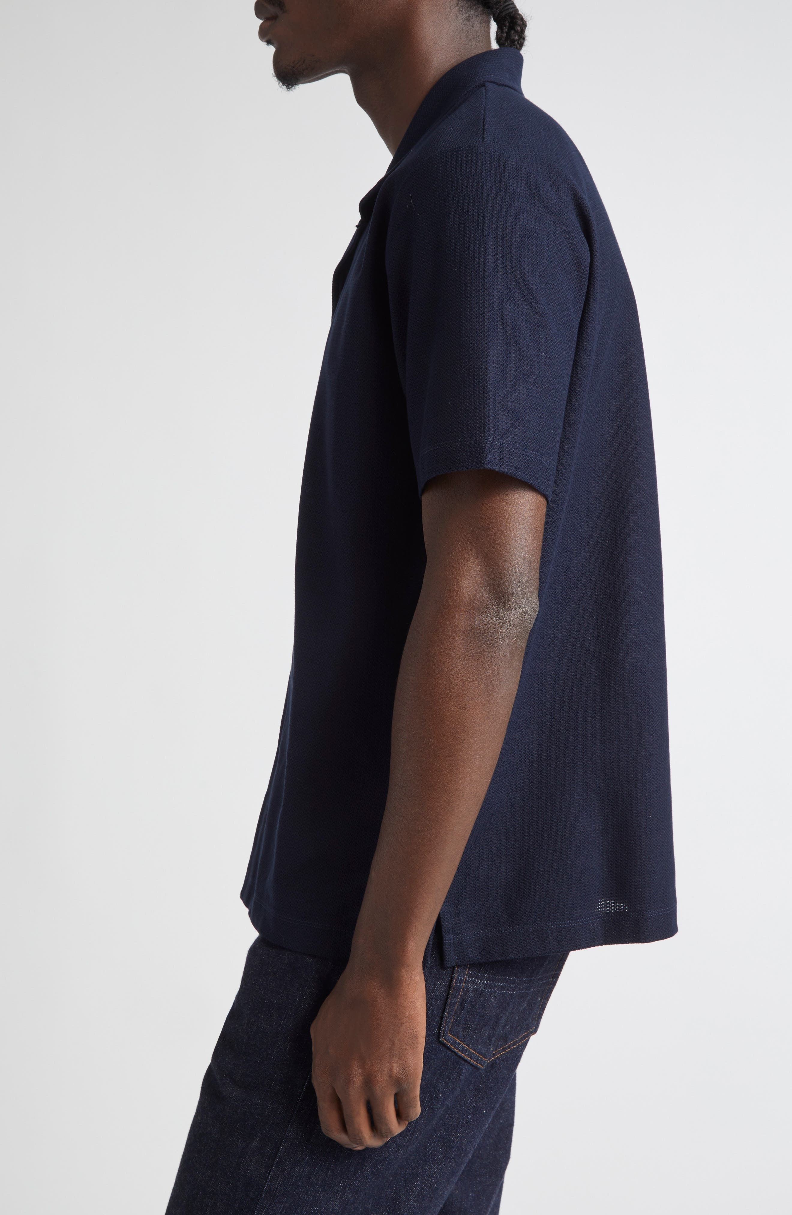 Sunspel Short Sleeve Textured Jersey Button-Up Shirt in Midnight Navy at Nordstrom - 3
