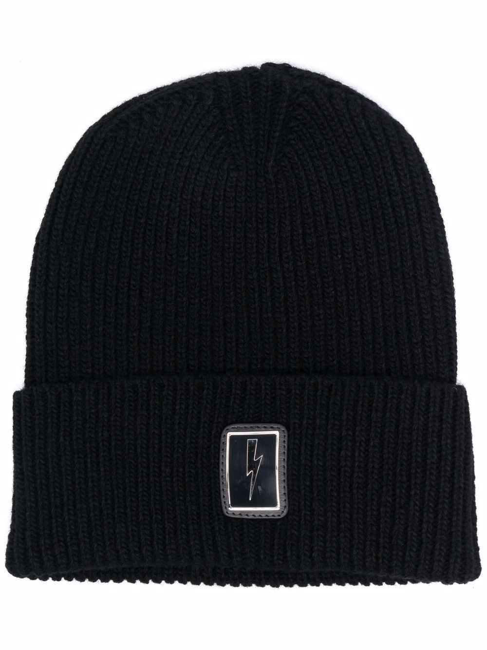 lightning bolt logo-patch ribbed beanie - 1