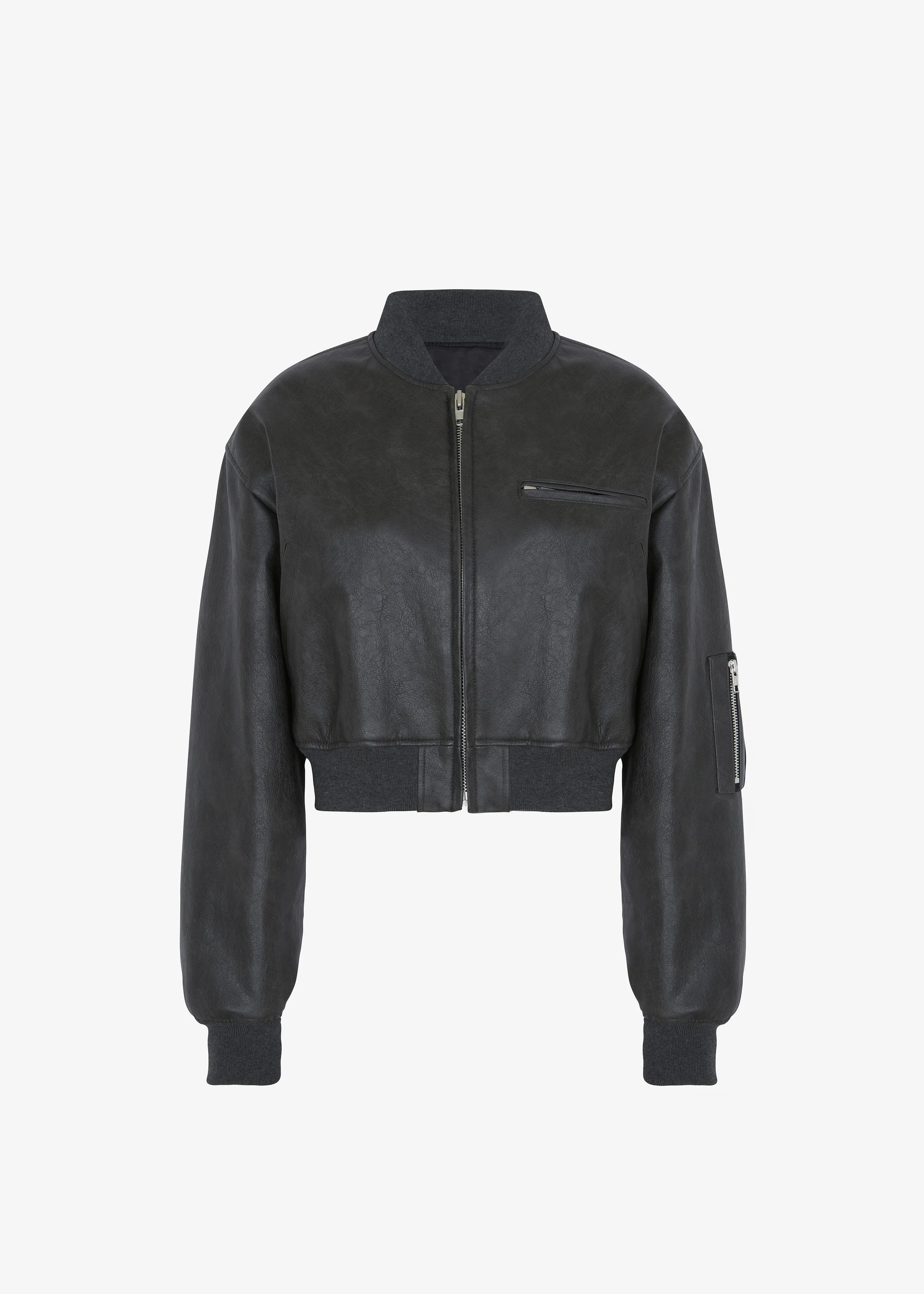Gae Faux Leather Cropped Bomber - Charcoal - 1