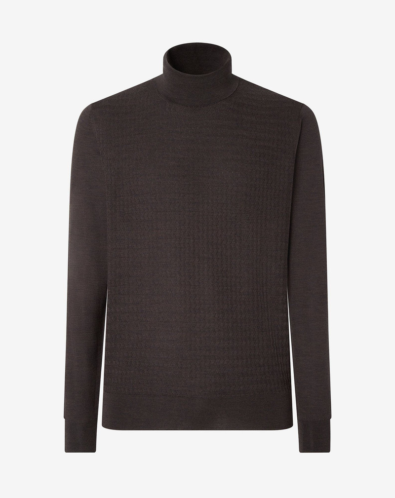 Brown ultra-fine 120's wool turtleneck with wavy stitch 1