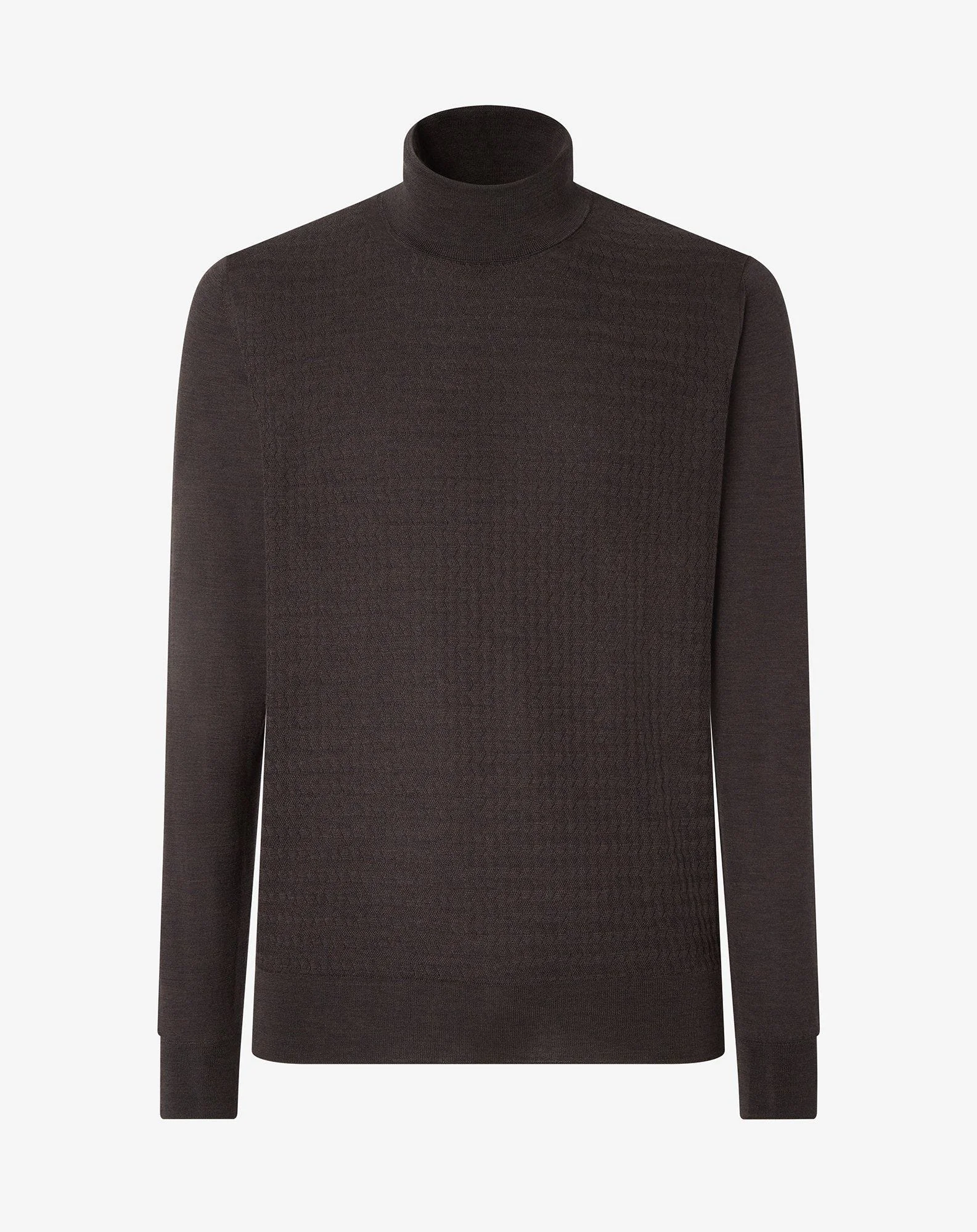 Brown ultra-fine 120's wool turtleneck with wavy stitch - 1