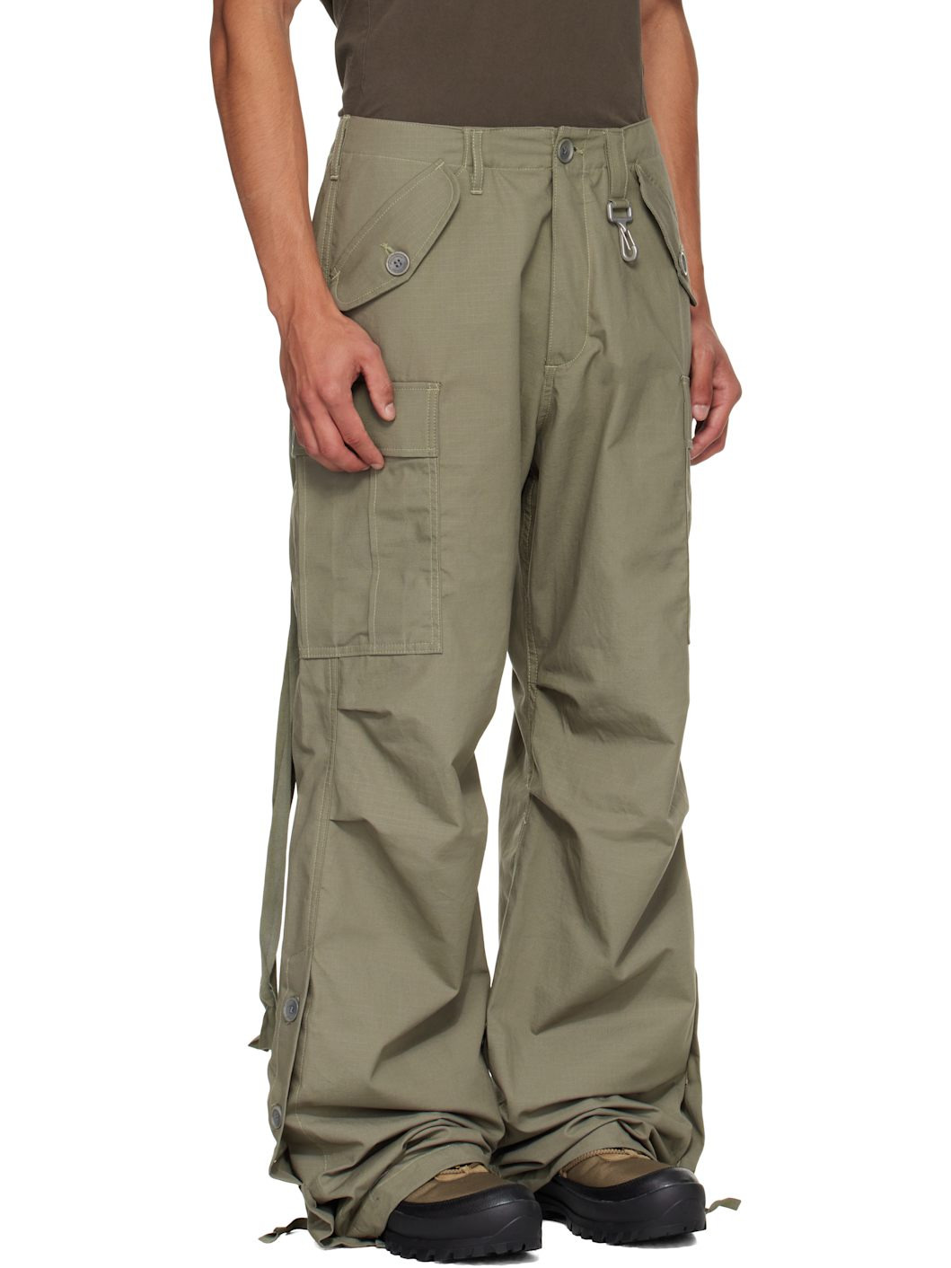 Khaki Cotton Ripstop Wide Leg Cargo Pants - 2