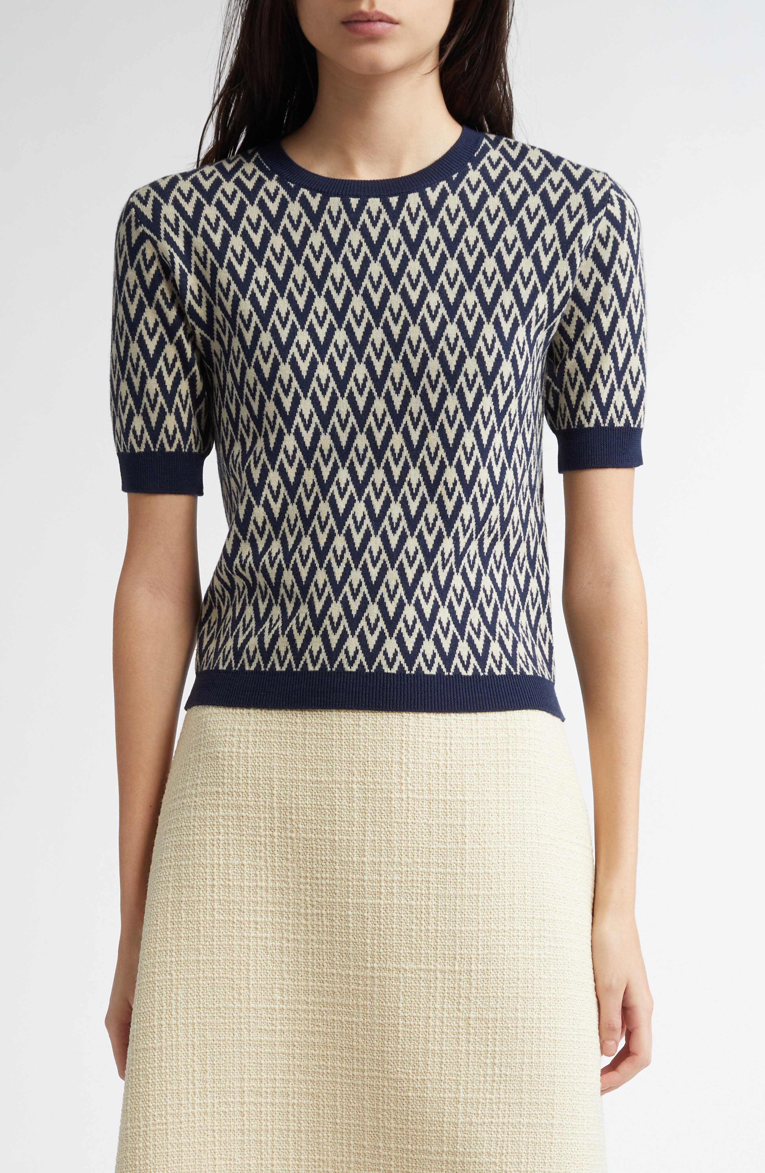 Valentino Garavani Toute La V Jacquard Virgin Wool Sweater in Navy/Cream at Nordstrom - 1