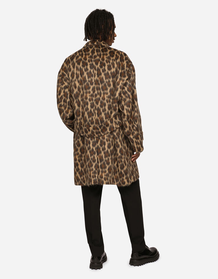 Double-breasted wool jacquard coat with leopard design - 2