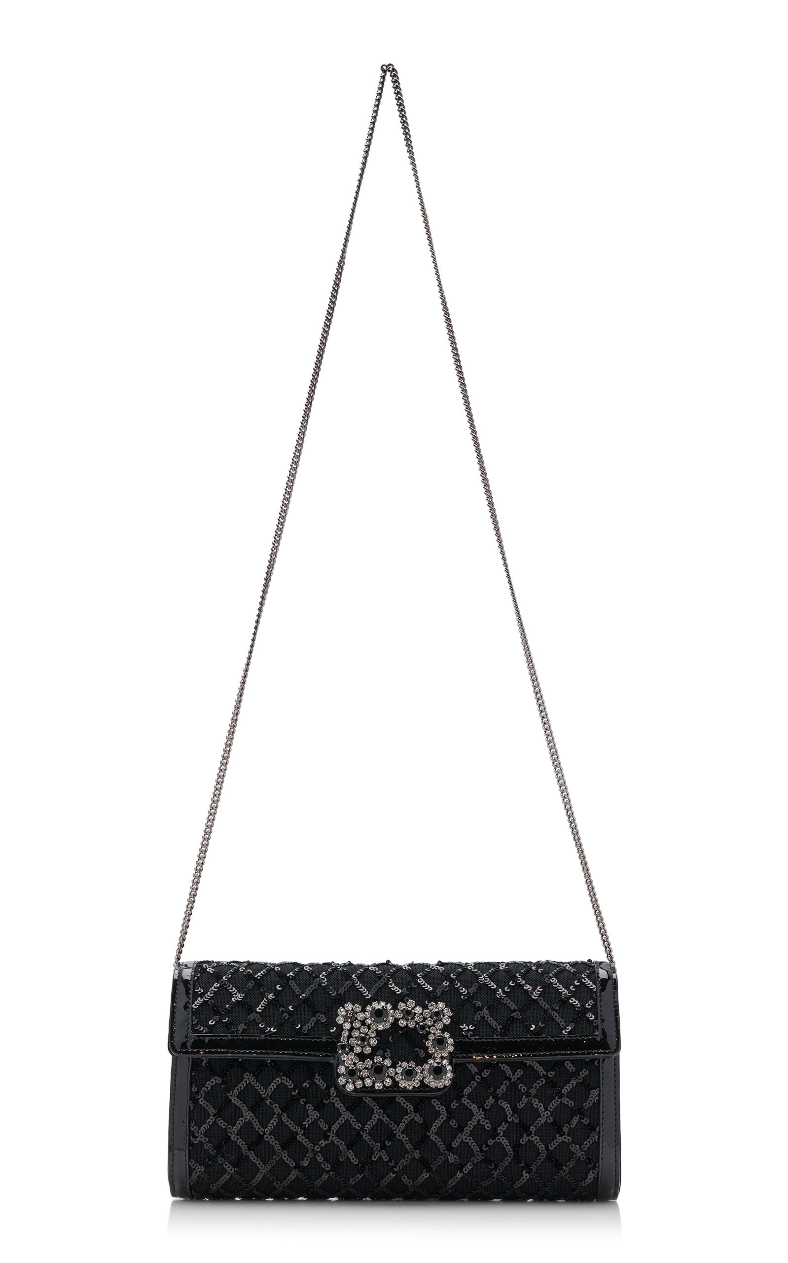 Flower-Buckle Sequined Patent Leather Clutch black - 3