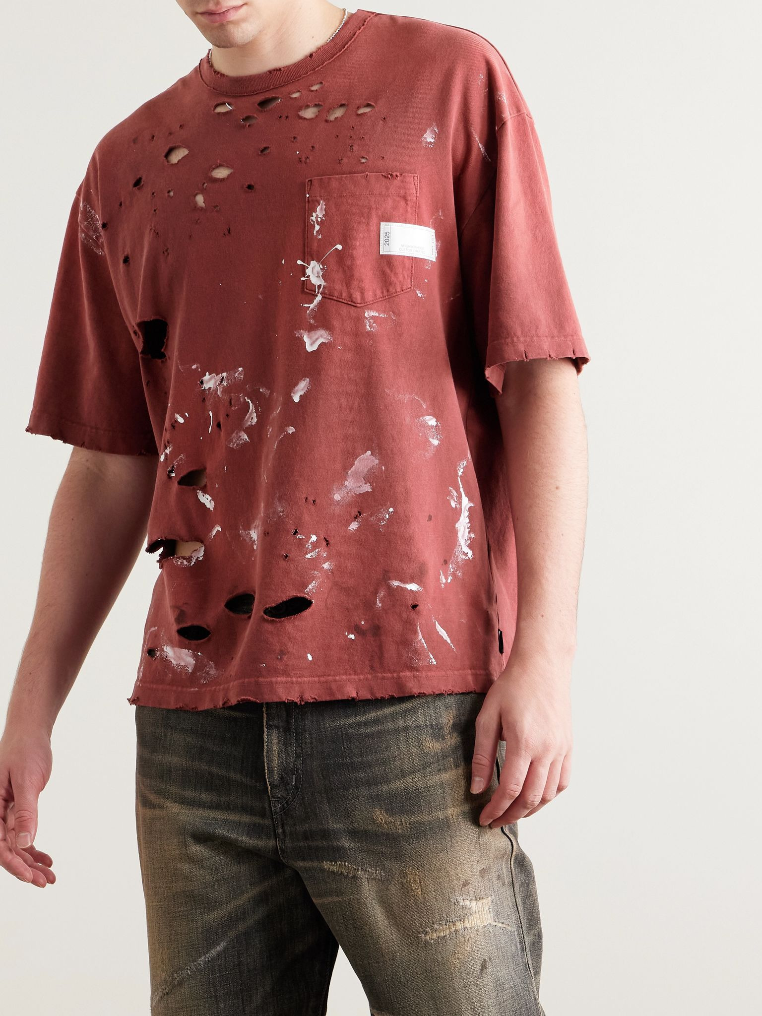 Savage Distressed Paint-Splattered Cotton-Jersey T-Shirt Red - 3