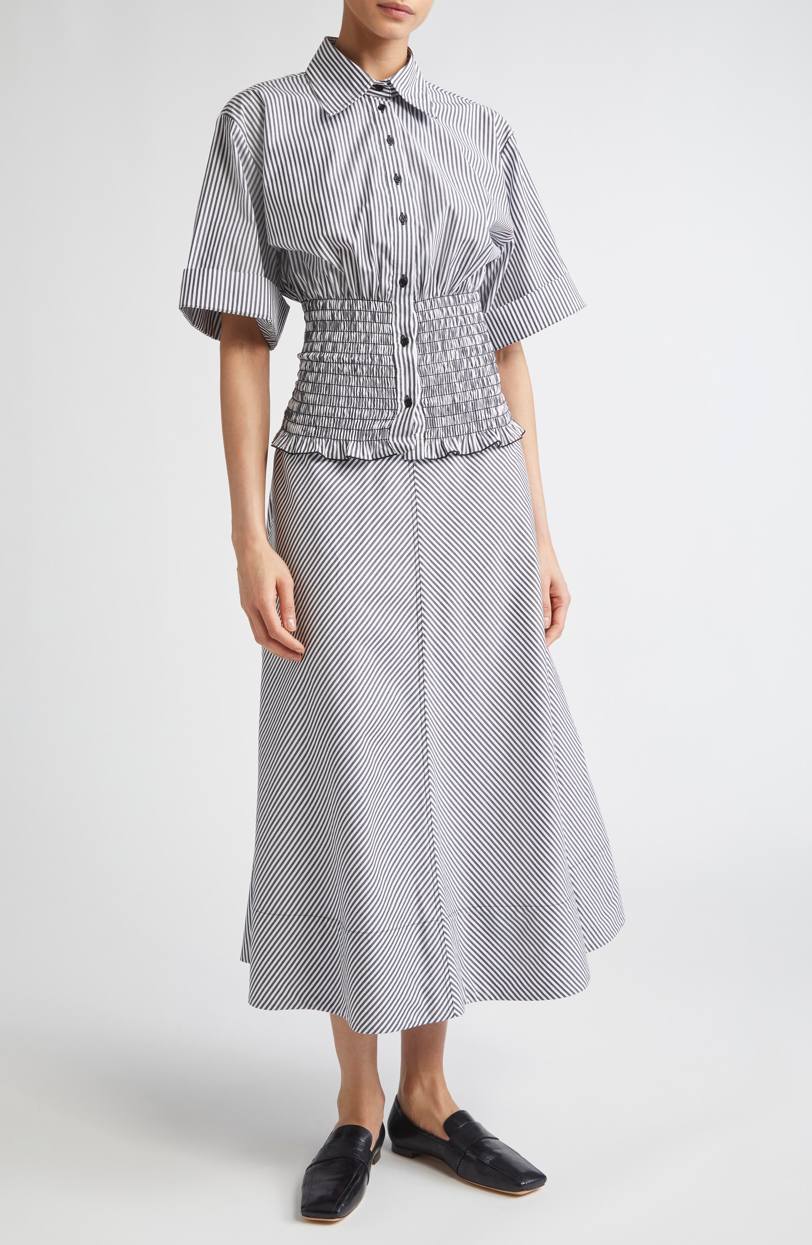 Brandon Maxwell The Harte Stripe Smocked Button-Up Shirt in Black/White Stripe at Nordstrom - 2