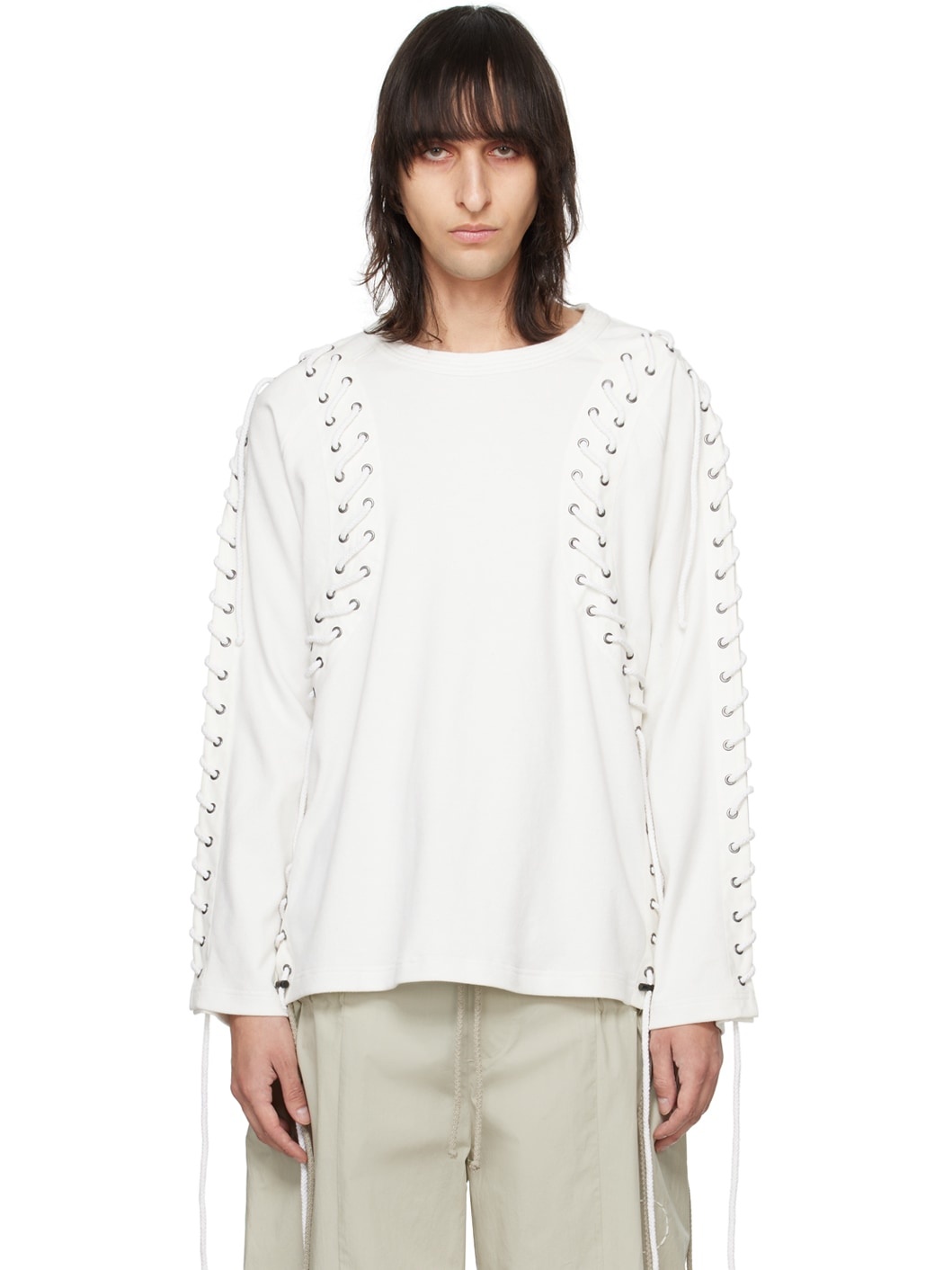 White Lace-Up Long Sleeve T-Shirt - 1