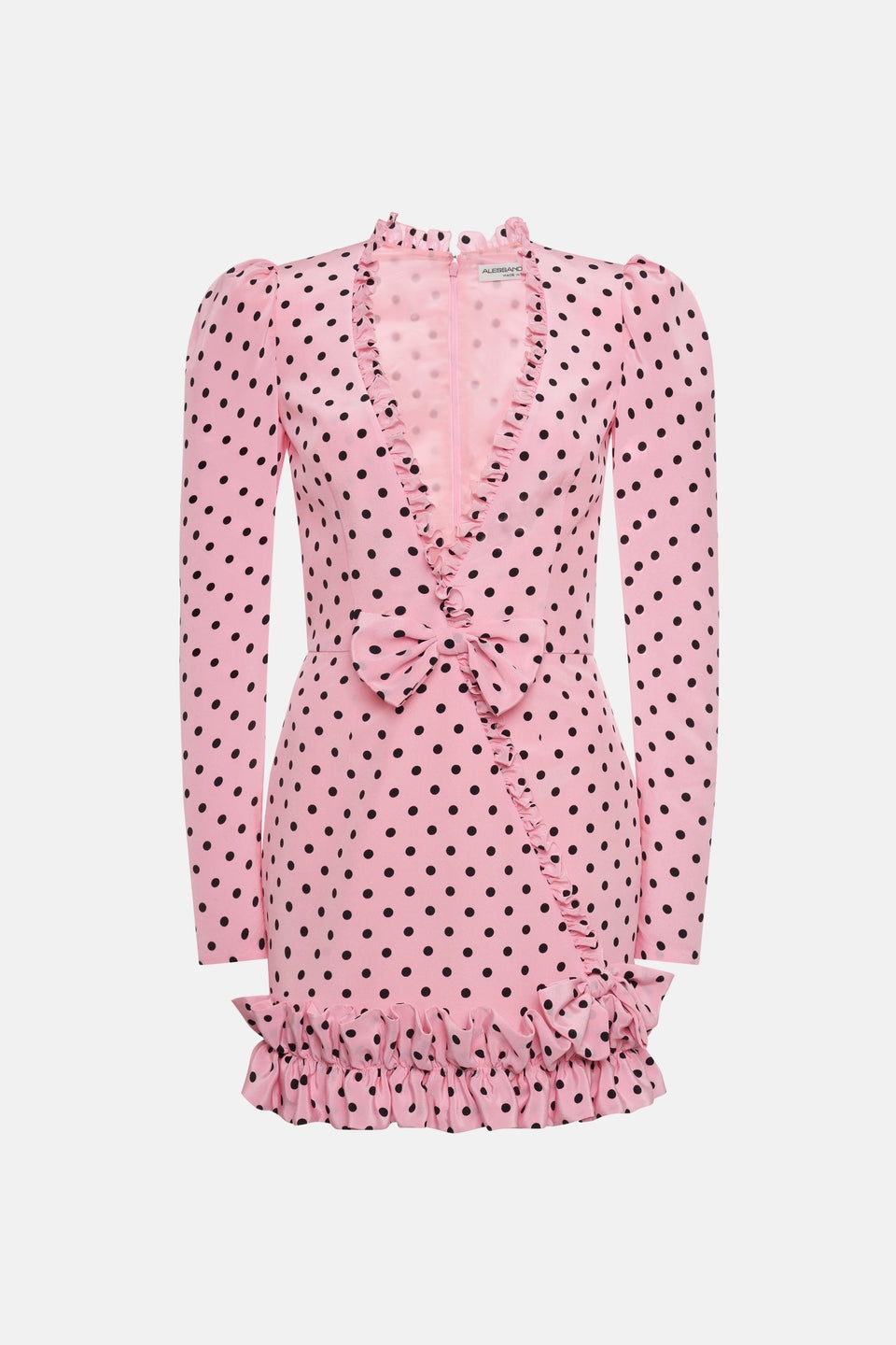 POLKA DOT PRINT SILK MINI DRESS W/ RUFFLE AND BOW - 1