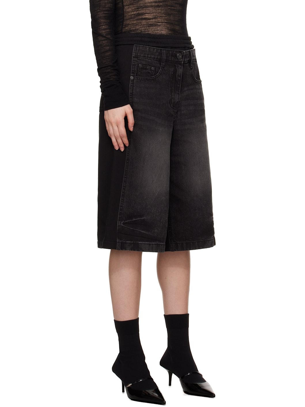 Black Patched Jersey Denim Shorts - 2